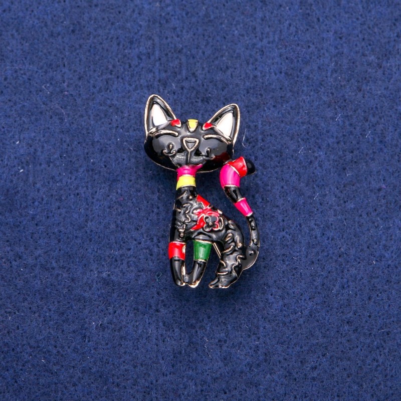 Cat Brooch with Multicoloured Enamel 22x42mm, Golden Metal