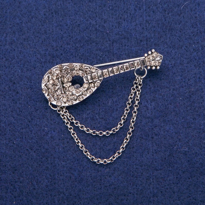 Lute Brooch with Grey Rhinestones 17x50mm, silver-tone metal