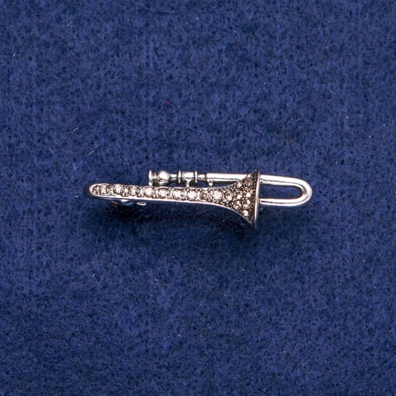 Trumpet Brooch with Grey Rhinestones 15x41mm, silver-tone metal