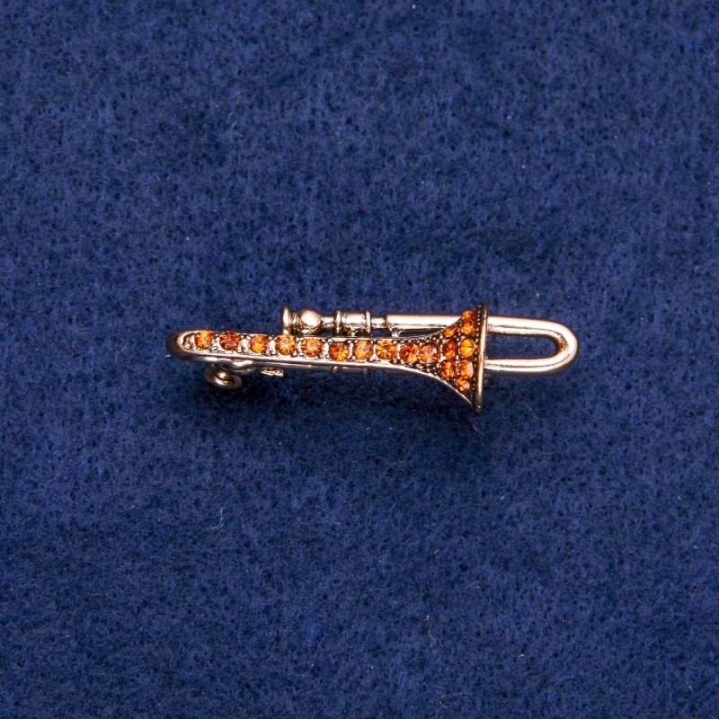 Trumpet Brooch with Yellow Rhinestones 15x41mm, gold-tone metal