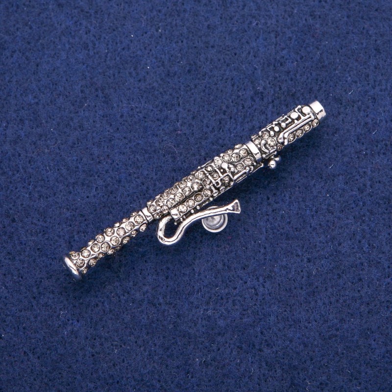 Bassoon Brooch with Grey Rhinestones 12x62mm, silver-tone metal