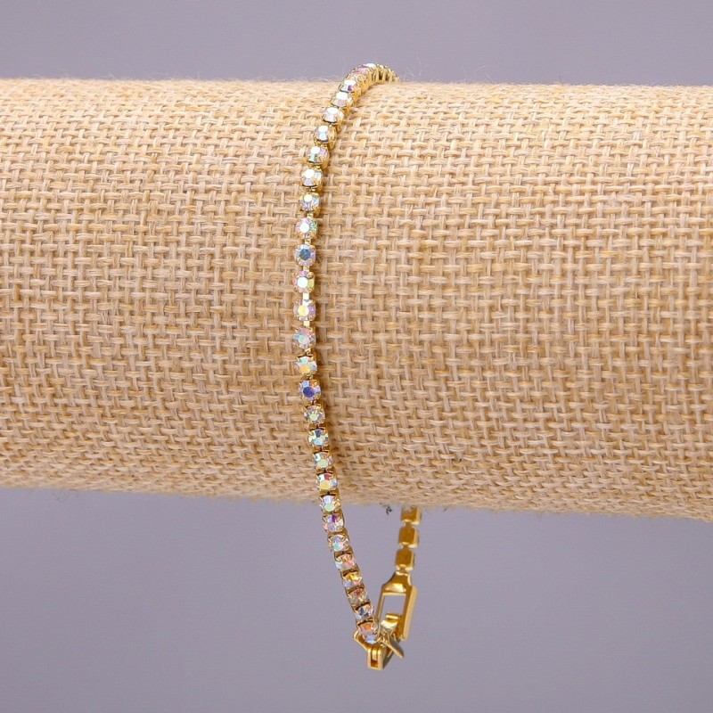 Single-Row Rhinestone Bracelet with Clasp, Gold-Colour Metal, Length 20cm, Width 3mm