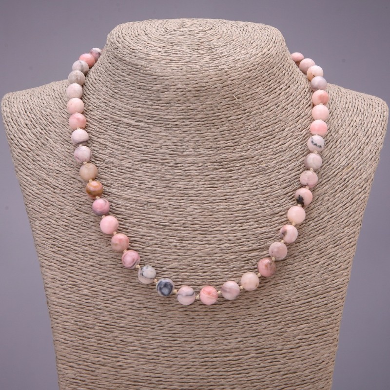 Natural Pink Opal Stone Necklace, Smooth Round Beads, Diameter 8(+-)mm, Length 45cm