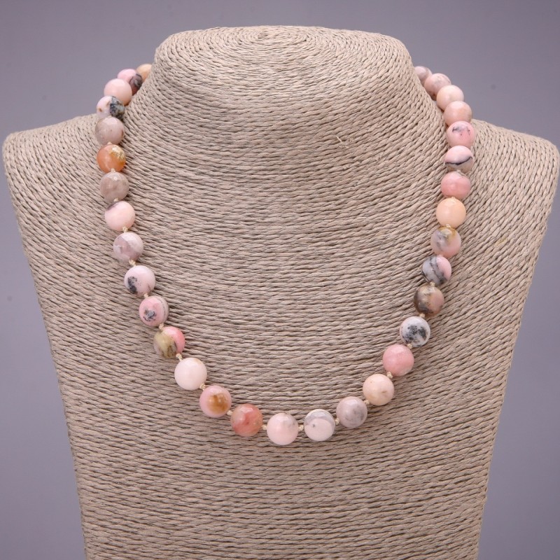 Natural Pink Opal Stone Necklace, Smooth Round Beads, Diameter 10(+-)mm, Length 45cm