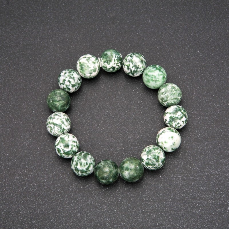 Moss Agate Bracelet, Smooth Bead, Diameter 12(+/-)mm, Circumference 18cm, on Elastic