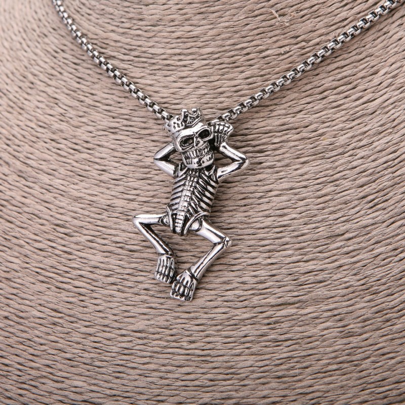 Skeleton in Crown Pendant, 27x49mm, on Chain, Length 65cm, Silver-Coloured Metal