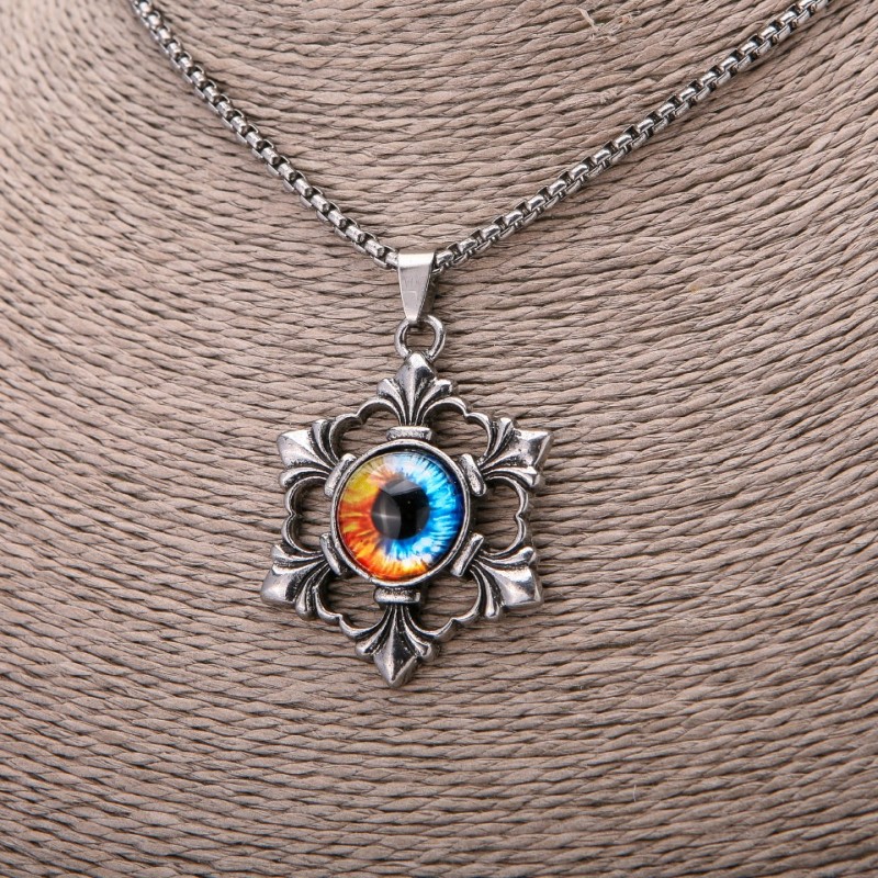 Colourful Dragon Eye Pendant, 35x53mm, on Chain, Length 65cm, Silver-Coloured Metal
