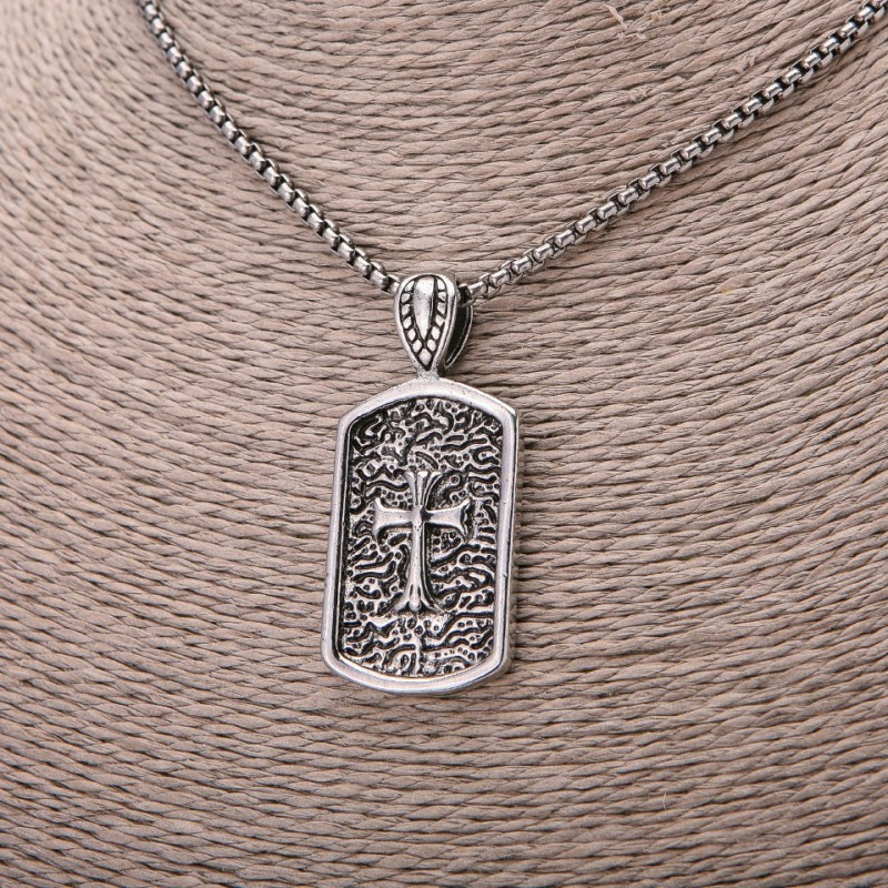 Cross Pendant, 23x51mm, on Chain, Length 65cm, Silver-Coloured Metal