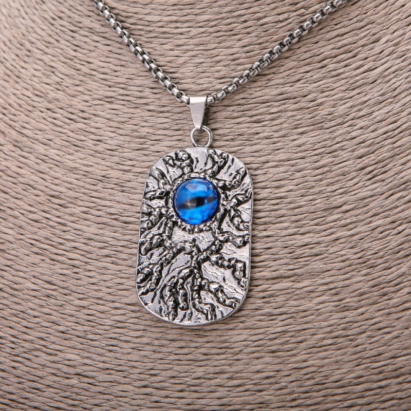 Dragon Eye Pendant, Blue, 30x58mm, on Chain, Length 65cm, Silver-Coloured Metal