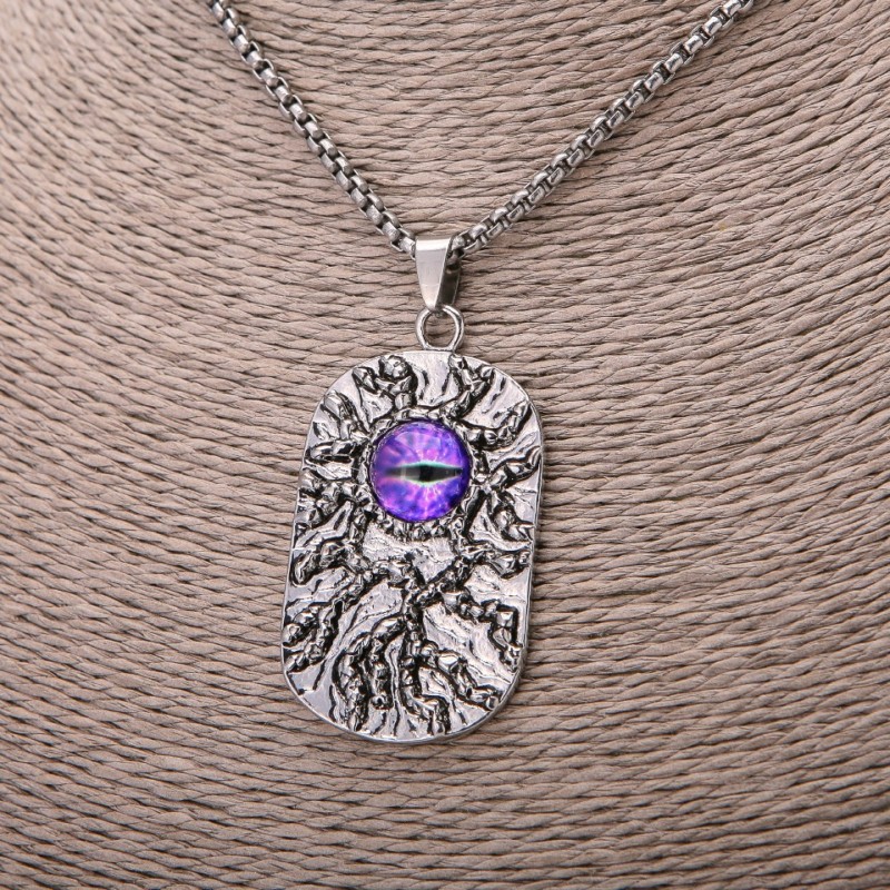 Dragon Eye Pendant, Purple, 30x58mm, on Chain, Length 65cm, Silver-Coloured Metal