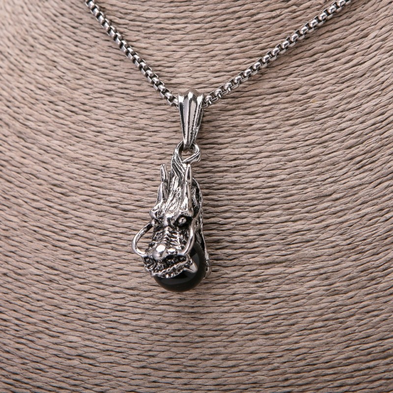 Dragon Head and Black Ball Pendant, 22x51mm, on Chain, Length 65cm, Silver-Coloured Metal