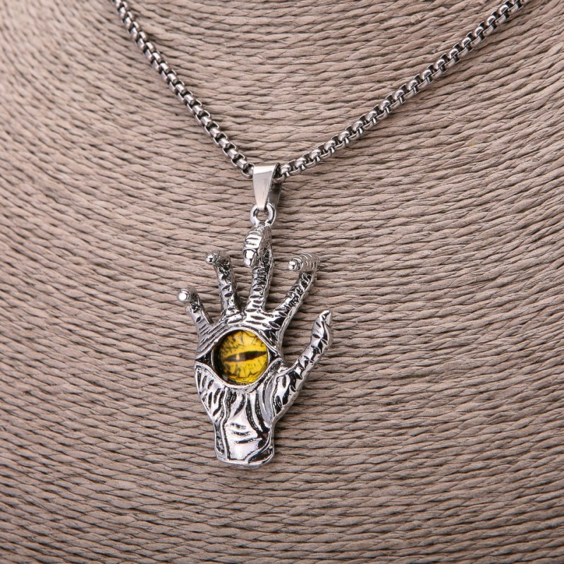Skeleton Hand Pendant with Yellow Eye, 30x55mm, on Chain, Length 65cm, Silver-Coloured Metal