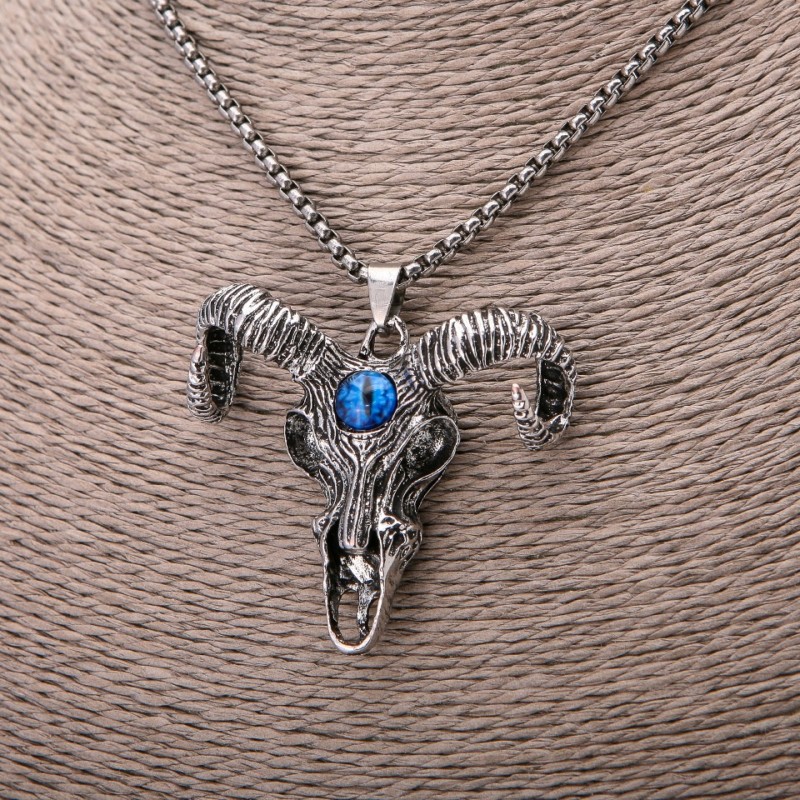 Goat Skull Amulet Pendant with Blue Eye, 44x51mm, on Chain, Length 65cm, Silver-Coloured Metal