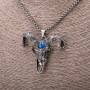 Goat Skull Amulet Pendant with Blue Eye, 44x51mm, on Chain, Length 65cm, Silver-Coloured Metal