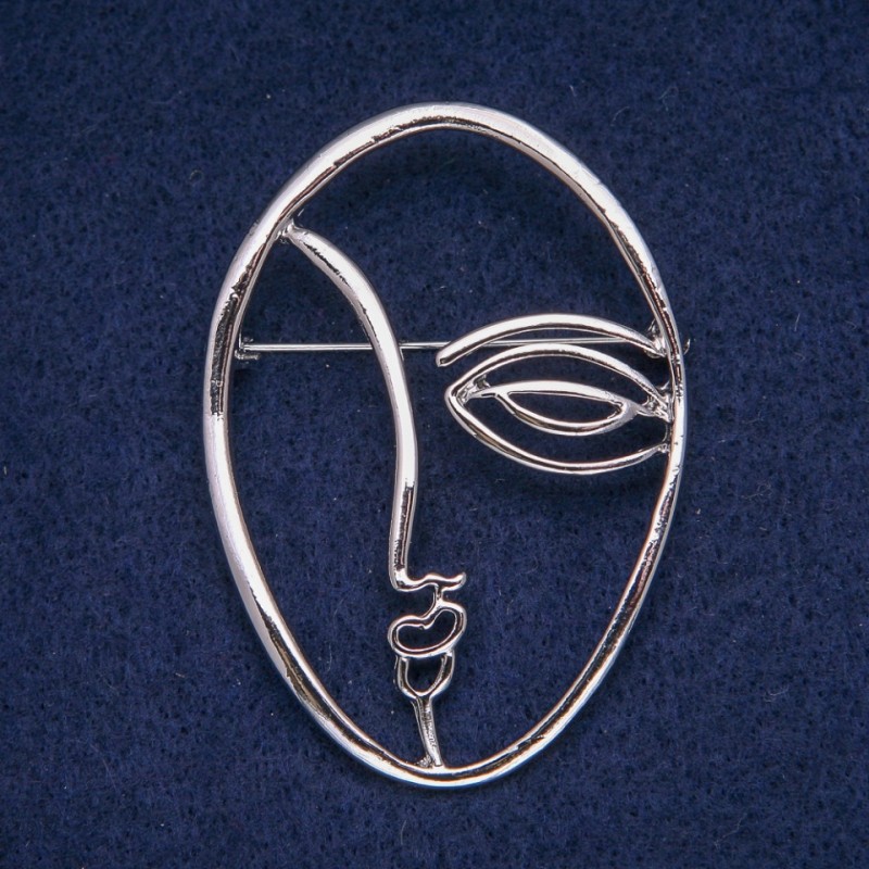 Accent Face Brooch, Silver-Tone Metal, 43x60mm