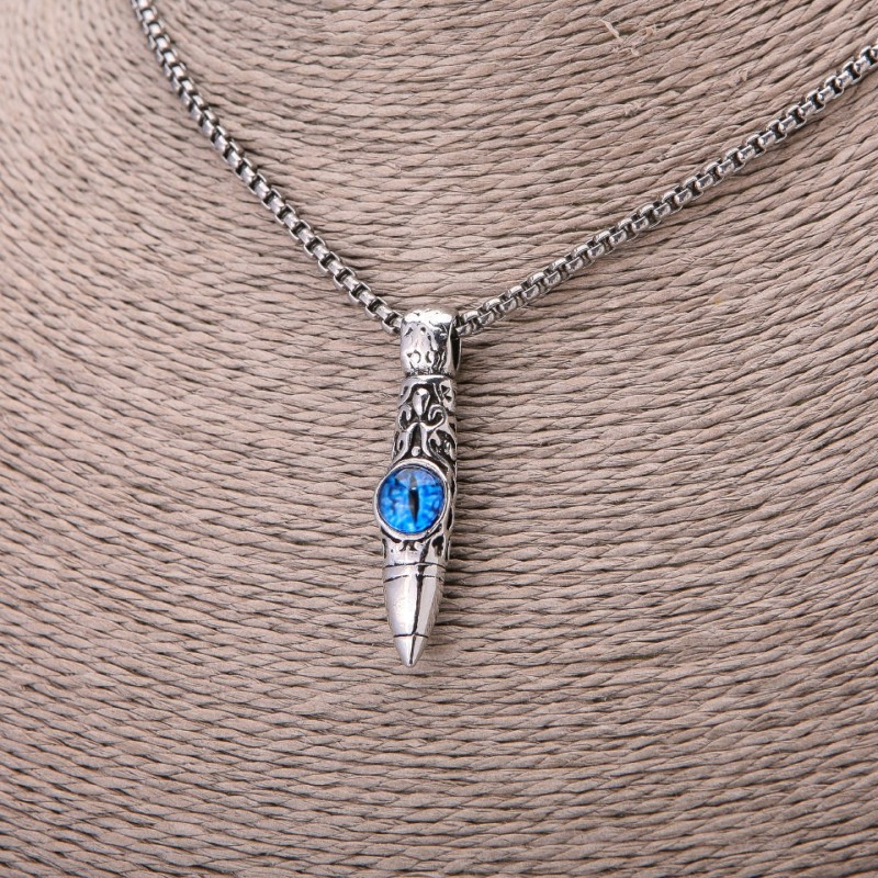 Ball Pendant with Blue Dragon Eye 20x50mm on Chain, Length 65cm, Silver-Coloured Metal
