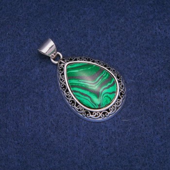 Teardrop Pendant with Malachite (Pressed) in Antique-Style Setting 27x39mm