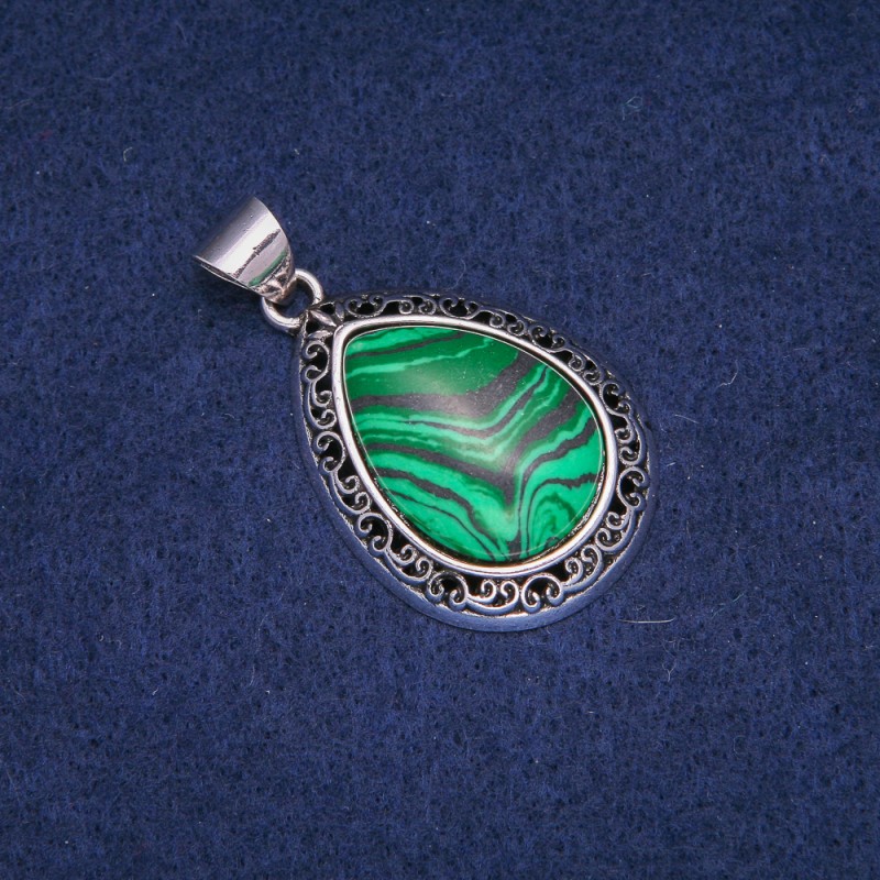 Teardrop Pendant with Malachite (Pressed) in Antique-Style Setting 27x39mm