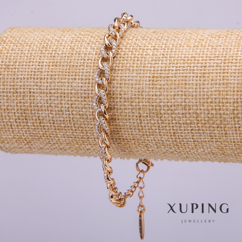 Xuping Bracelet with White Stones, 9mm Wide, 18-20cm Length, Gold Plated with Extension Chain