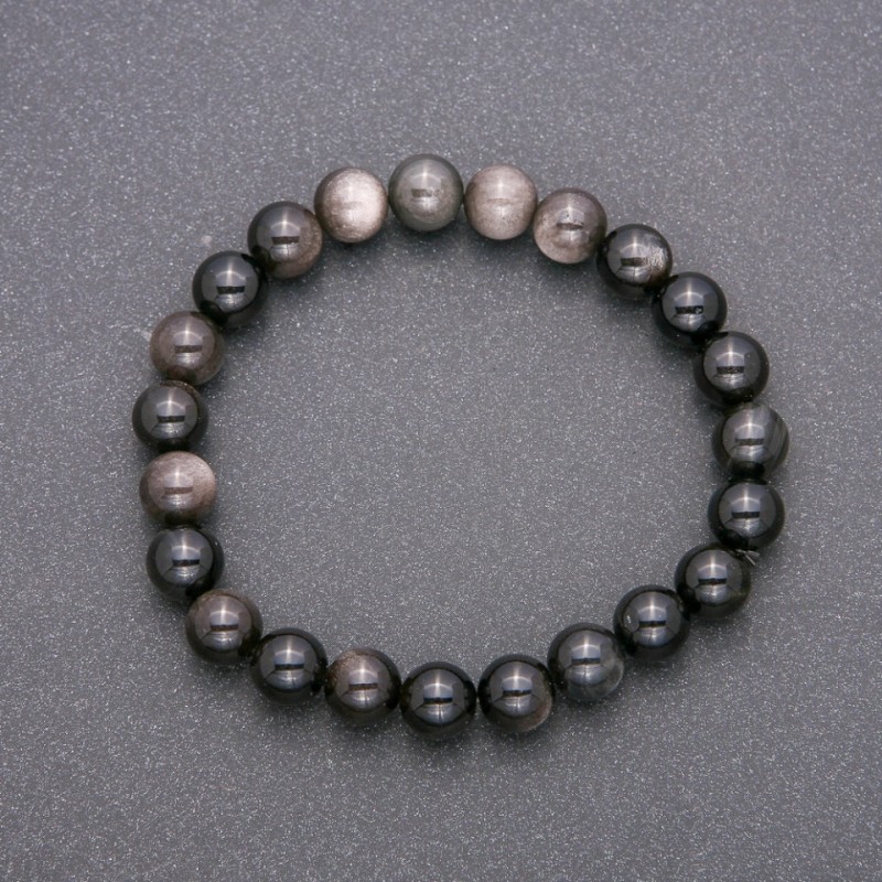 Natural Stone Bracelet Silver Obsidian on Elastic Band, Smooth Bead, Diameter 8(+-)mm, Length 18cm
