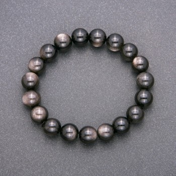 Natural Stone Bracelet Silver Obsidian on Elastic Band, Smooth Bead, Diameter 10(+-)mm, Length 18cm