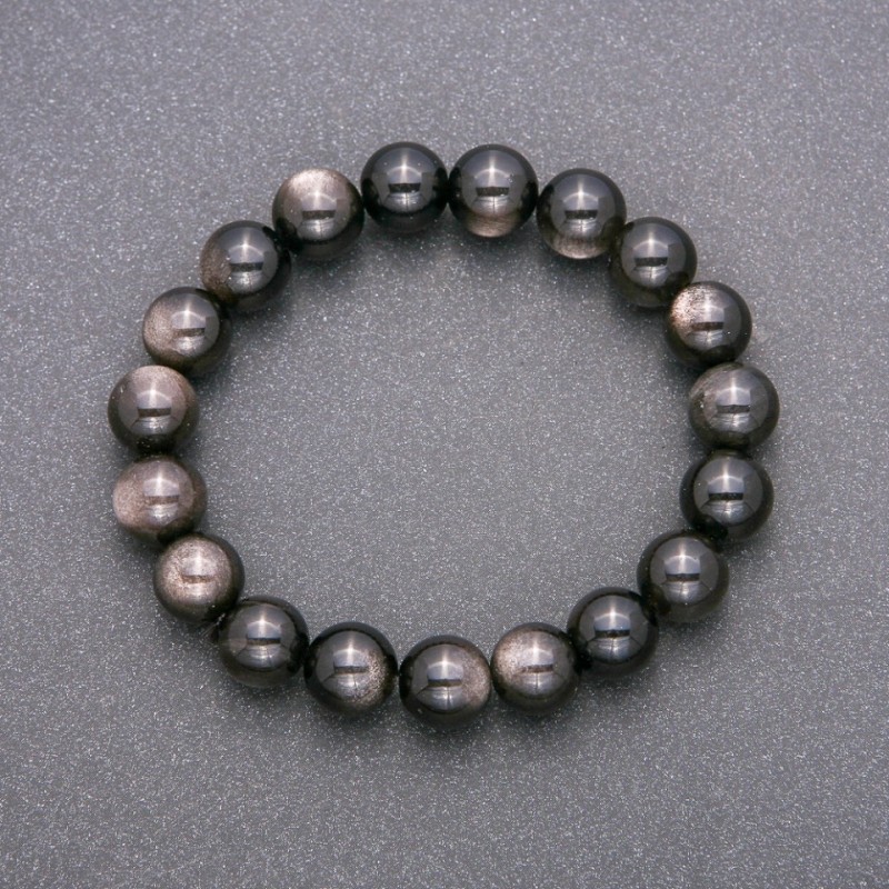 Natural Stone Bracelet Silver Obsidian on Elastic Band, Smooth Bead, Diameter 10(+-)mm, Length 18cm