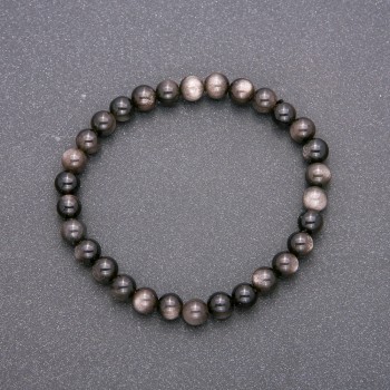 Natural Stone Bracelet Silver Obsidian on Elastic Band, Smooth Bead, Diameter 6(+-)mm, Length 18cm