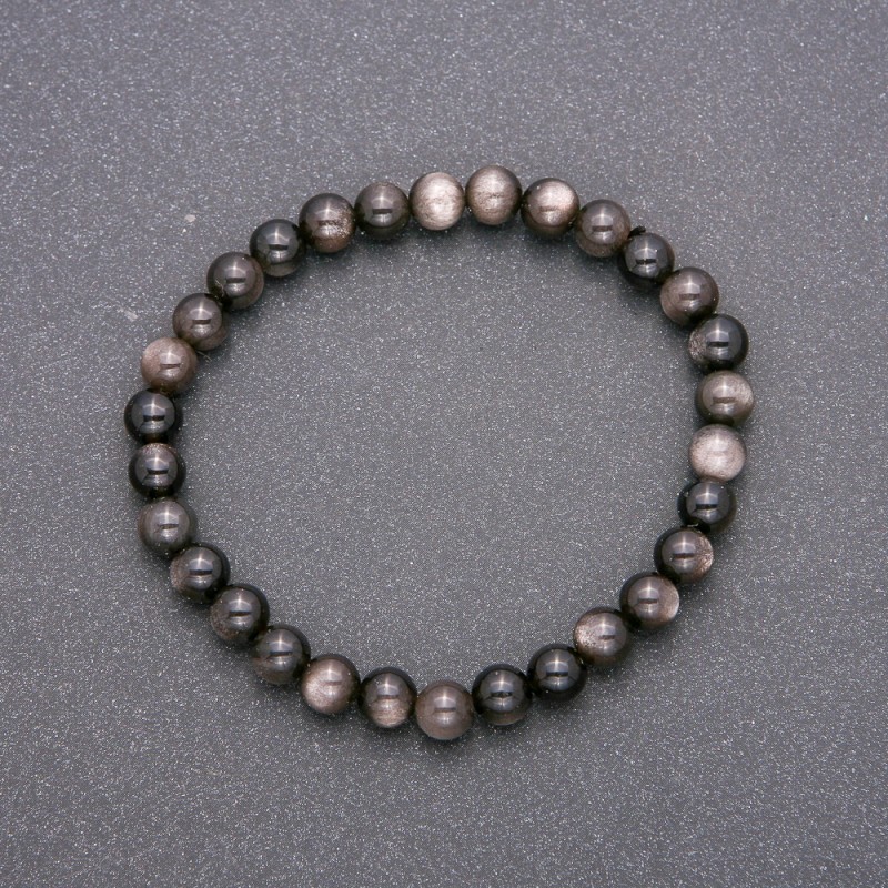 Natural Stone Bracelet Silver Obsidian on Elastic Band, Smooth Bead, Diameter 6(+-)mm, Length 18cm