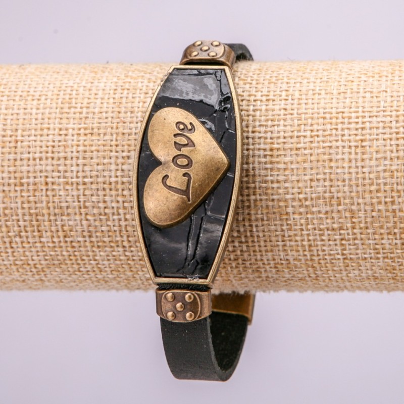 LOVE Bracelet with Metal Inserts, Length 16-21cm, Black Eco-Leather with Clasp