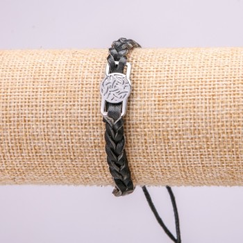Bracelet with Metal Insert, Length 18-25cm, Thickness 11mm, Black Eco-Leather with Drawstring Clasp