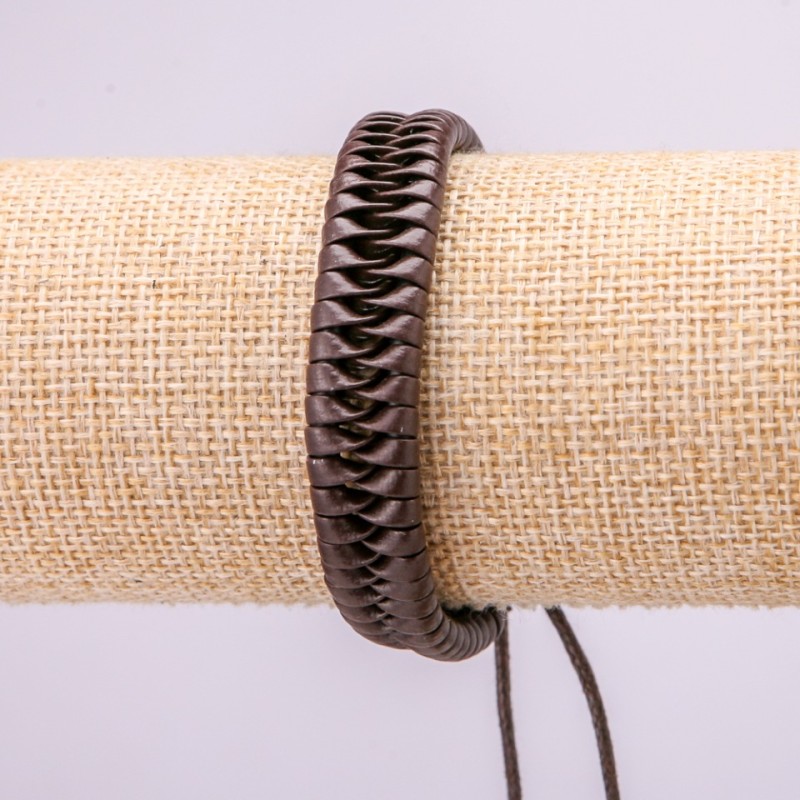 Bracelet, Length 18-25cm, Thickness 13mm, Brown Eco-Leather with Drawstring Clasp