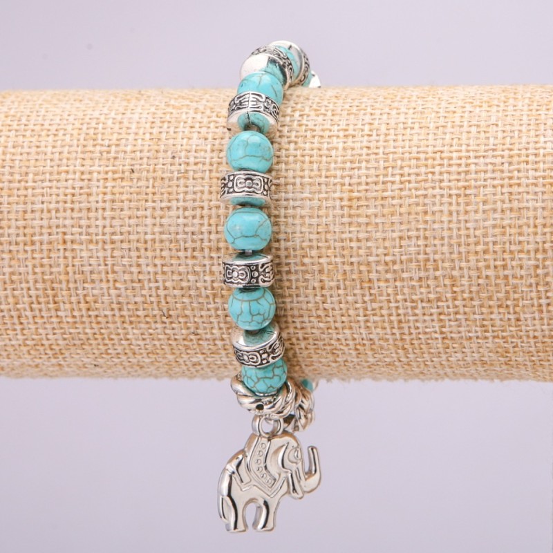 Turquoise Bracelet on Elastic, Diameter 8(+-)mm (Imitation), Length 18cm with Inserts and Elephant Pendant