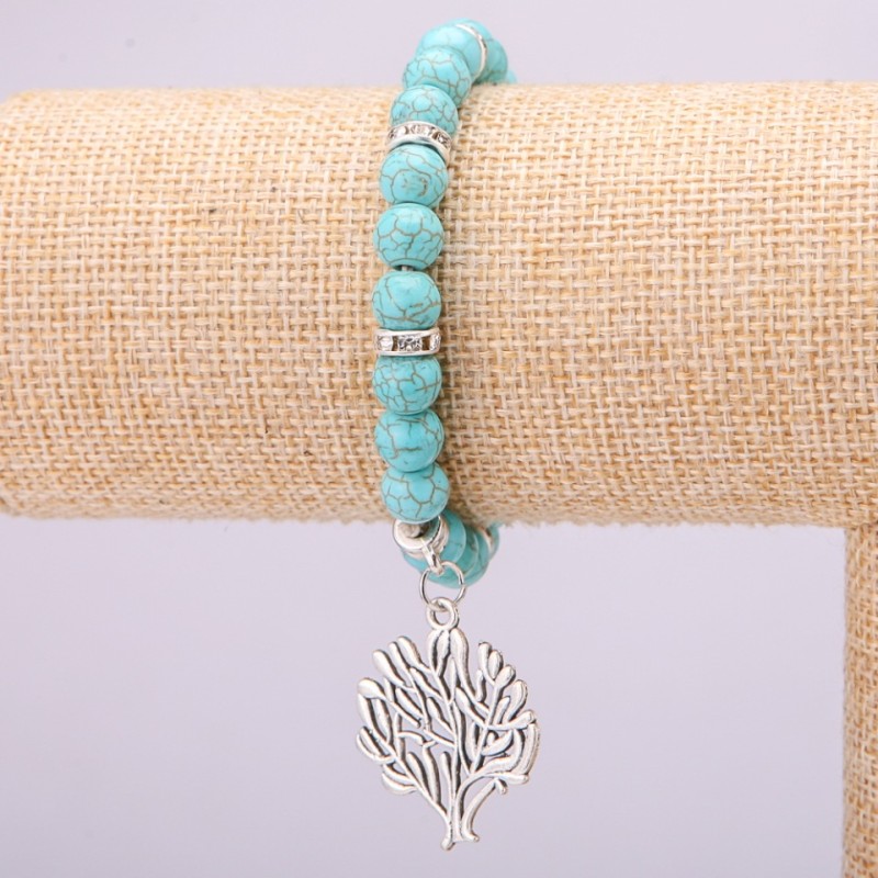 Turquoise Bracelet on Elastic, Diameter 8(+-)mm, Length 18cm with Inserts and Tree Pendant