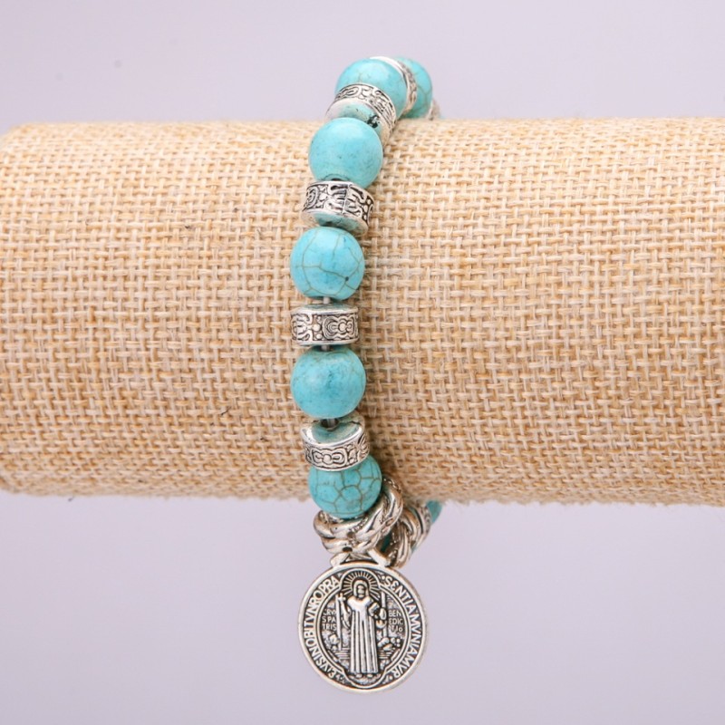 Turquoise Bracelet on Elastic, diameter 10(±)mm, length 18cm with inserts and Icon pendant
