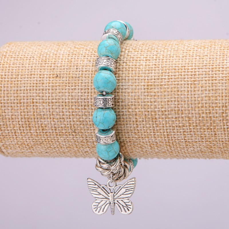 Turquoise Bracelet on Elastic, Diameter 10(+-)mm, Length 18cm with Inserts and Butterfly Charm