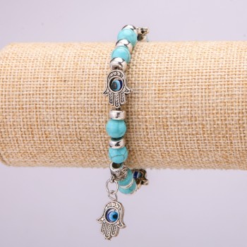Amulet Bracelet, Turquoise with Blue Evil Eye beads on elastic, diameter 12(+-)mm, length 18cm, with inserts and charm