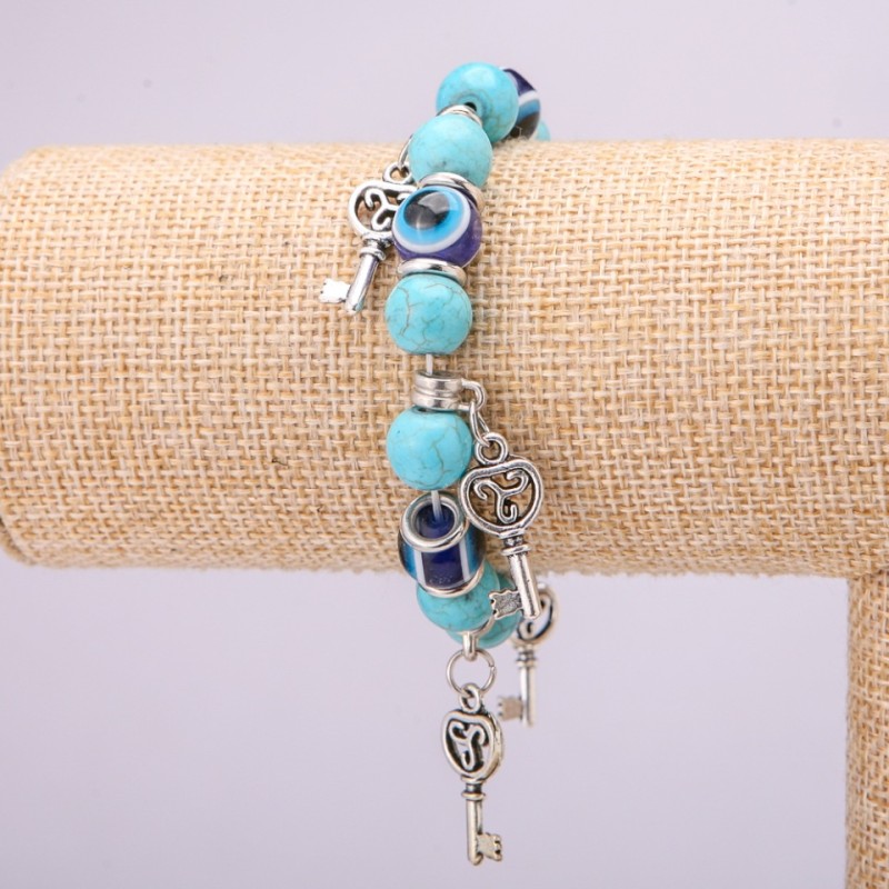 Turquoise Amulet Bracelet with Blue Evil Eye Beads on Elastic, Diameter 10(+-)mm, Length 18cm with Inserts and Charms