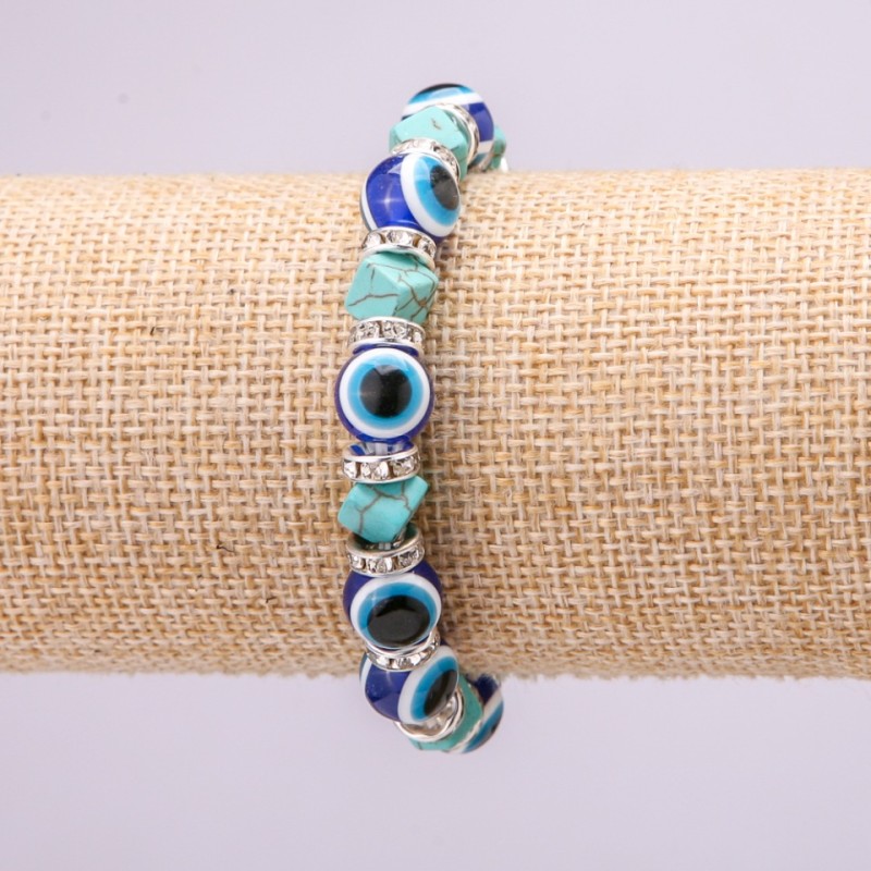 Turquoise Amulet Bracelet with Blue Evil Eye Beads on Elastic, Diameter 10(+-)mm, Length 18cm with Inserts and Rhinestones