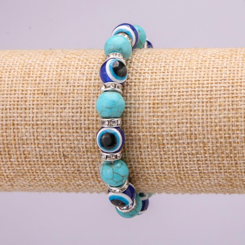 Turquoise Amulet Bracelet with Blue Evil Eye Beads on Elastic, Diameter 10(+-)mm, Length 18cm with Inserts and Rhinestones