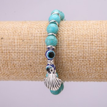 Amulet Bracelet, Turquoise with Blue Evil Eye beads on elastic, diameter 10(+-)mm, length 18cm, with inserts and charm