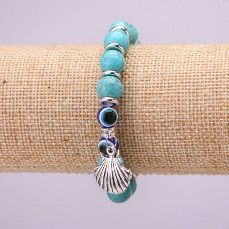 Amulet Bracelet, Turquoise with Blue Evil Eye beads on elastic, diameter 10(+-)mm, length 18cm, with inserts and charm