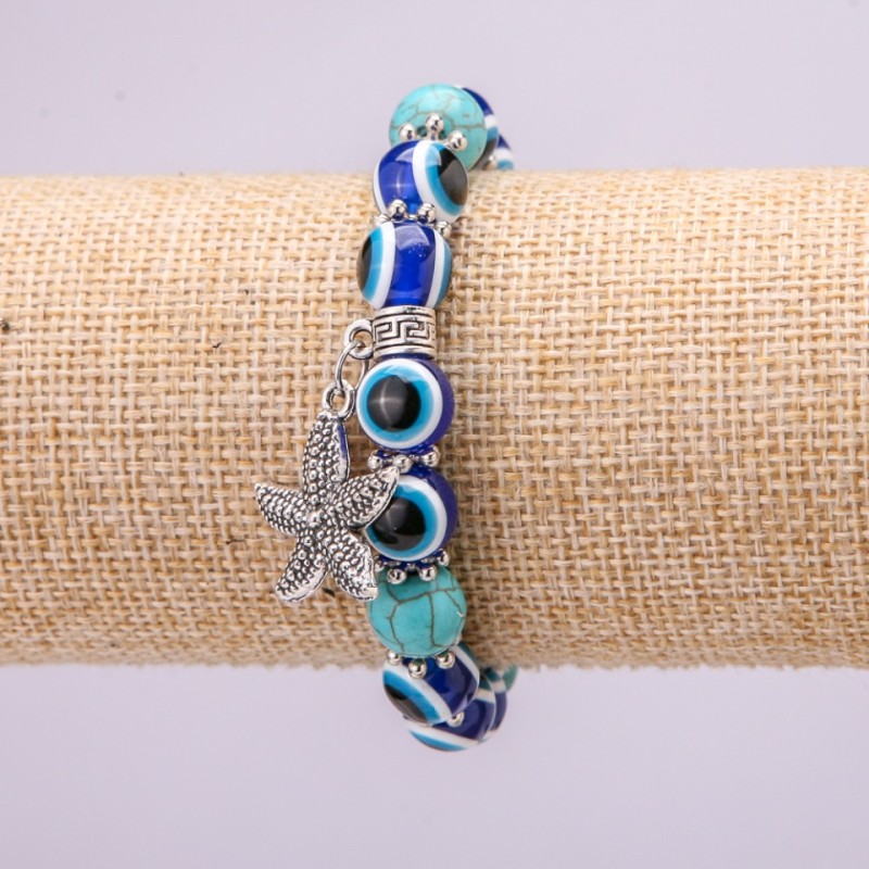 Amulet Bracelet on elastic, Turquoise with Blue Evil Eye beads, diameter 10(+-)mm, length 18cm, with inserts and Starfish charm