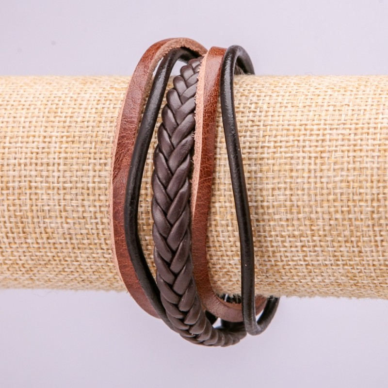 Bracelet, length 21cm, eco leather, black and brown colour, magnetic clasp