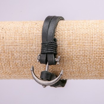 Anchor Bracelet with Metal Inserts, Length 21cm, Thickness 10mm, Black Eco Leather