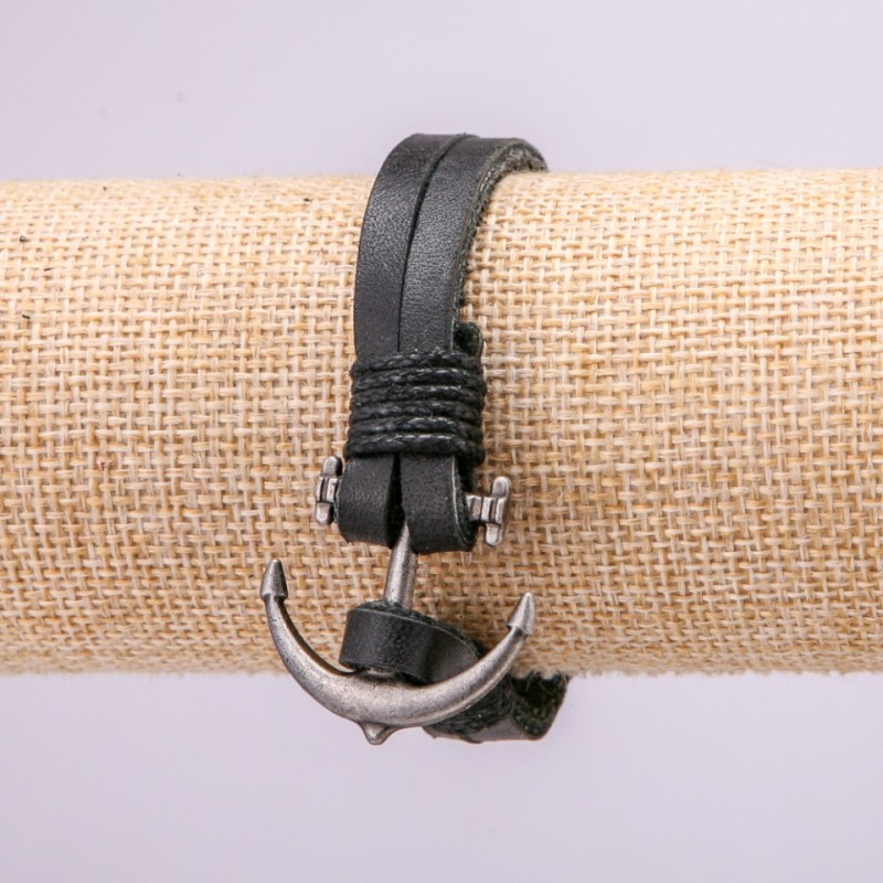 Anchor Bracelet with Metal Inserts, Length 21cm, Thickness 10mm, Black Eco Leather
