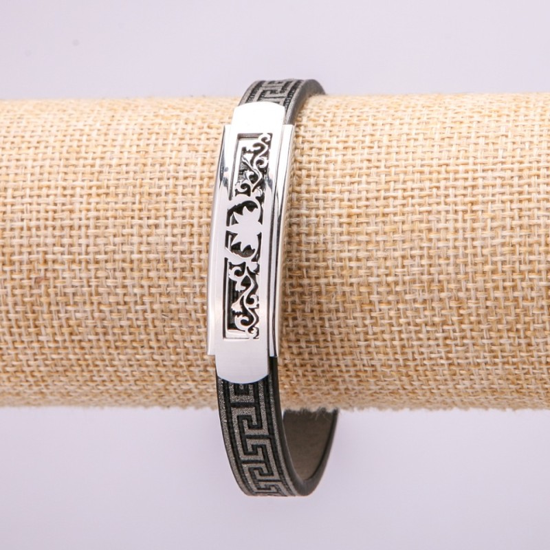 Bracelet with Metal Inserts, 21cm Length, 10mm Thickness, Grey Rubber, Clasp