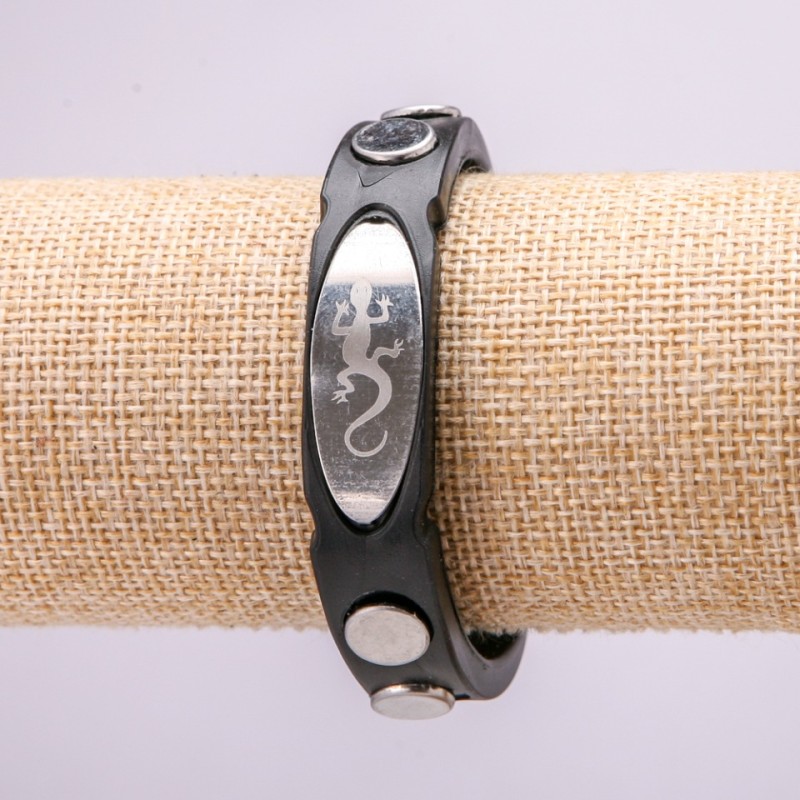 Bracelet with Metal Inserts, 21cm Length, 15mm Thickness, Black Rubber, Clasp