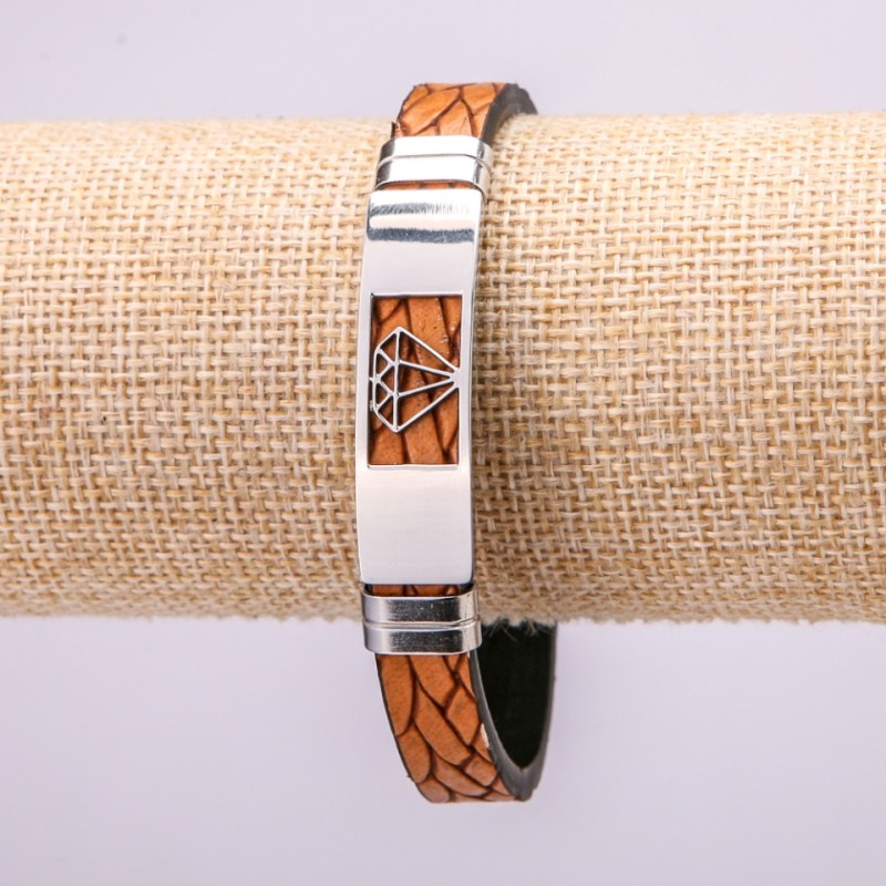 Bracelet with Metal Inserts, 21cm Length, 10mm Thickness, Brown Eco-Leather, Clasp