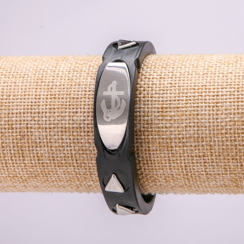 Bracelet with Metal Inserts, 21cm Length, 15mm Thickness, Black Rubber, Clasp