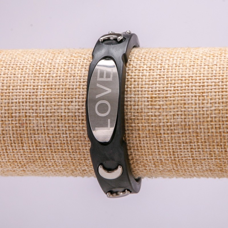 Bracelet with Metal Inserts, 21cm Length, 15mm Thickness, Black Rubber, Clasp